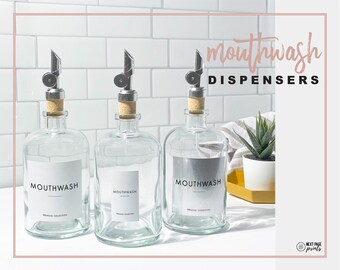 Silver Spout Mouthwash Dispenser + Label • Pour Refillable Glass Bottle • 14oz • Minimalist • Home Guest Bathroom Organization Spa Office
