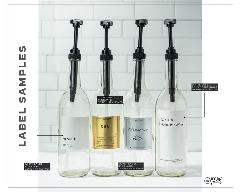 May include: Four clear glass bottles with black pump dispensers, labeled with the flavors "caramel", "Chai", "Cinnamon Dolce", and "Toasted Marshmallow". The labels are white, gold, and silver, with the text "LABEL SAMPLES" on the left.