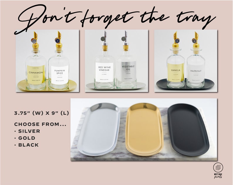 Puede incluir: Botellas de vidrio transparente con etiquetas para especias y aceites, presentadas en bandejas ovaladas. La imagen incluye bandejas plateadas, doradas y negras, con unas dimensiones de aproximadamente 9,5 cm de ancho y 23 cm de largo.