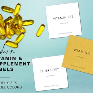 May include: Two square labels for vitamin supplements. One label is white with black text that reads "VITAMIN B12 SUPPLEMENT PREMIUM COLLECTION". The other label is gold with black text that reads "VITAMIN C SUPPLEMENT PREMIUM COLLECTION".