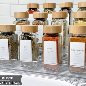 25 Pc Bamboo Glass Spice Jars WITH Rack & Customizable Labels