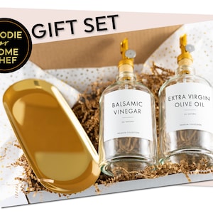 Foodie Home Chef Gift Box Set • Oil Vinegar Cook Gift Basket • Gold Spout Dispenser Set & Tray • Gifts for Him Her • Modern New Home Gift