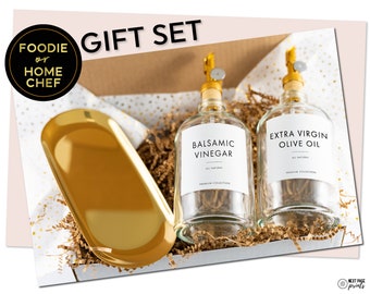 Foodie Home Chef Gift Box Set • Oil Vinegar Cook Gift Basket • Gold Spout Dispenser Set & Tray • Gifts for Him Her • Modern New Home Gift