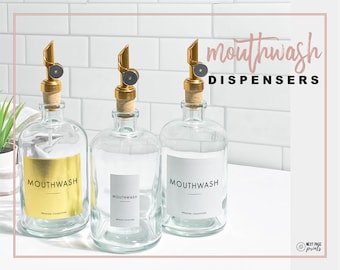 Gold Mouthwash Dispenser + Label • Pour Refillable Gold Spout Glass Bottle • 14oz • Minimalist • Home Guest Bathroom Organization Spa Office