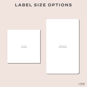May include: Image showing label size options. A white 3" x 3" square label and a white 3"W x 5"H rectangle label are displayed. The text "LABEL SIZE OPTIONS" is at the top. The Next Page Prints logo is in the bottom right corner.
