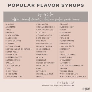 May include: A list of popular flavor syrups for coffee, mixed drinks, Italian soda, and snow cones. The list includes flavors like almond, caramel, cinnamon, hazelnut, and vanilla. The text is in a clean, easy-to-read font on a light background.