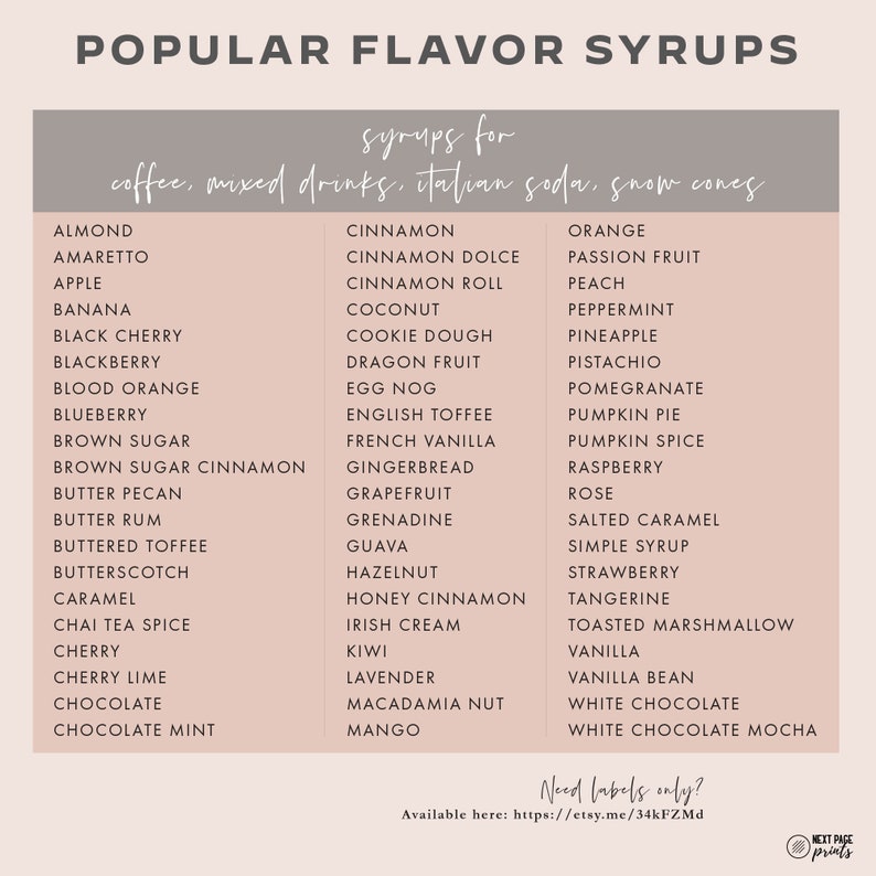 May include: A list of popular flavor syrups for coffee, mixed drinks, Italian soda, and snow cones. The list includes flavors like almond, caramel, cinnamon, hazelnut, and vanilla. The text is in a clean, easy-to-read font on a light background.