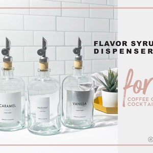 Silver Coffee Flavor Syrup Dispenser + Custom Label • Refillable Eco Glass Bottle 14oz • Minimalist • Coffee Mixed Drink Bar Cocktail