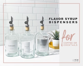 Silver Coffee Flavor Syrup Dispenser + Custom Label • Refillable Eco Glass Bottle 14oz • Minimalist • Coffee Mixed Drink Bar Cocktail