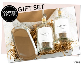 Coffee Lover Gift Box Set • Coffee Enthusiast Gift Basket • Silver Spout Dispenser Set & Tray • Gifts for Her • Modern New Home Gift