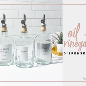 Silver Spout Oil & Vinegar Refillable Eco Glass Bottle Dispenser + Custom Label • 14oz • Modern Minimalist • Cooking Wine, Sauce Labels