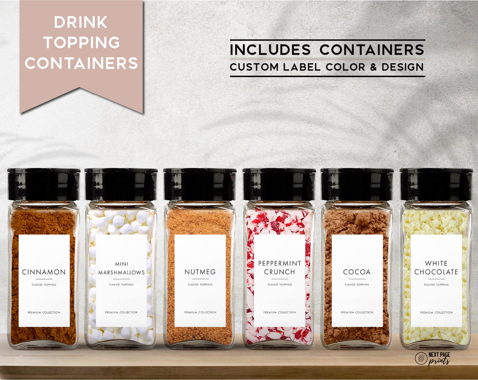 3 pc Modern Coffee Topping Containers  Custom Label  Coffee Sprinkle Glass Bottle 4oz  Wedding Holiday Hot Chocolate Cocoa Bar  Cinnamon