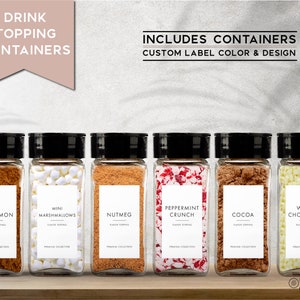 3 pc Modern Coffee Topping Containers + Custom Label • Coffee Sprinkle Glass Bottle 4oz • Wedding Holiday Hot Chocolate Cocoa Bar • Cinnamon