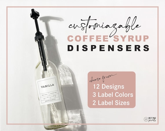 Coffee Flavor Syrup Dispenser + Custom Modern Label • Gold Black Pump Refillable Glass Bottle 750mL • Coffee Mixed Drink Bar Cocktail