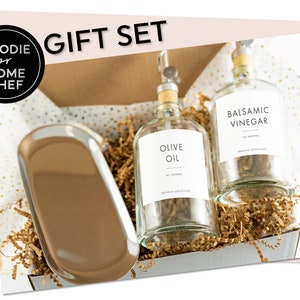 Foodie Home Chef Gift Box Set • Oil Vinegar Cook Gift Basket • Silver Spout Dispenser Set & Tray • Gifts for Him Her • Modern New Home Gift