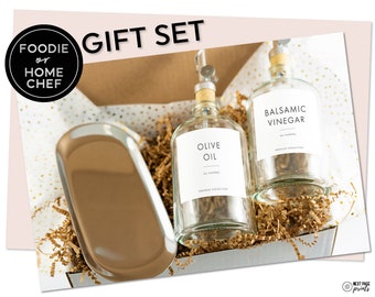 Foodie Home Chef Gift Box Set • Oil Vinegar Cook Gift Basket • Silver Spout Dispenser Set & Tray • Gifts for Him Her • Modern New Home Gift