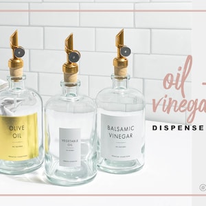 Modern Oil & Vinegar Refillable Glass Bottle Dispenser Gold Spout + Customizable Label • 14oz • Minimalist • Cooking Wine, Sauce Labels