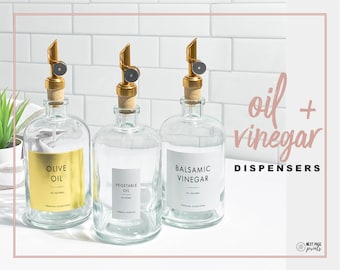 Modern Oil & Vinegar Refillable Glass Bottle Dispenser Gold Spout + Customizable Label • 14oz • Minimalist • Cooking Wine, Sauce Labels