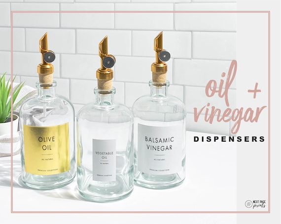 Modern Oil & Vinegar Refillable Glass Bottle Dispenser Gold Spout + Customizable Label • 14oz • Minimalist • Cooking Wine, Sauce Labels