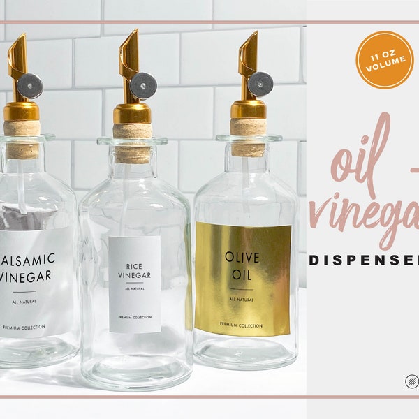 Modern Oil & Vinegar Refillable Glass Bottle Dispenser Gold Spout + Customizable Label • 11oz • Minimalist • Cooking Wine, Sauce Labels