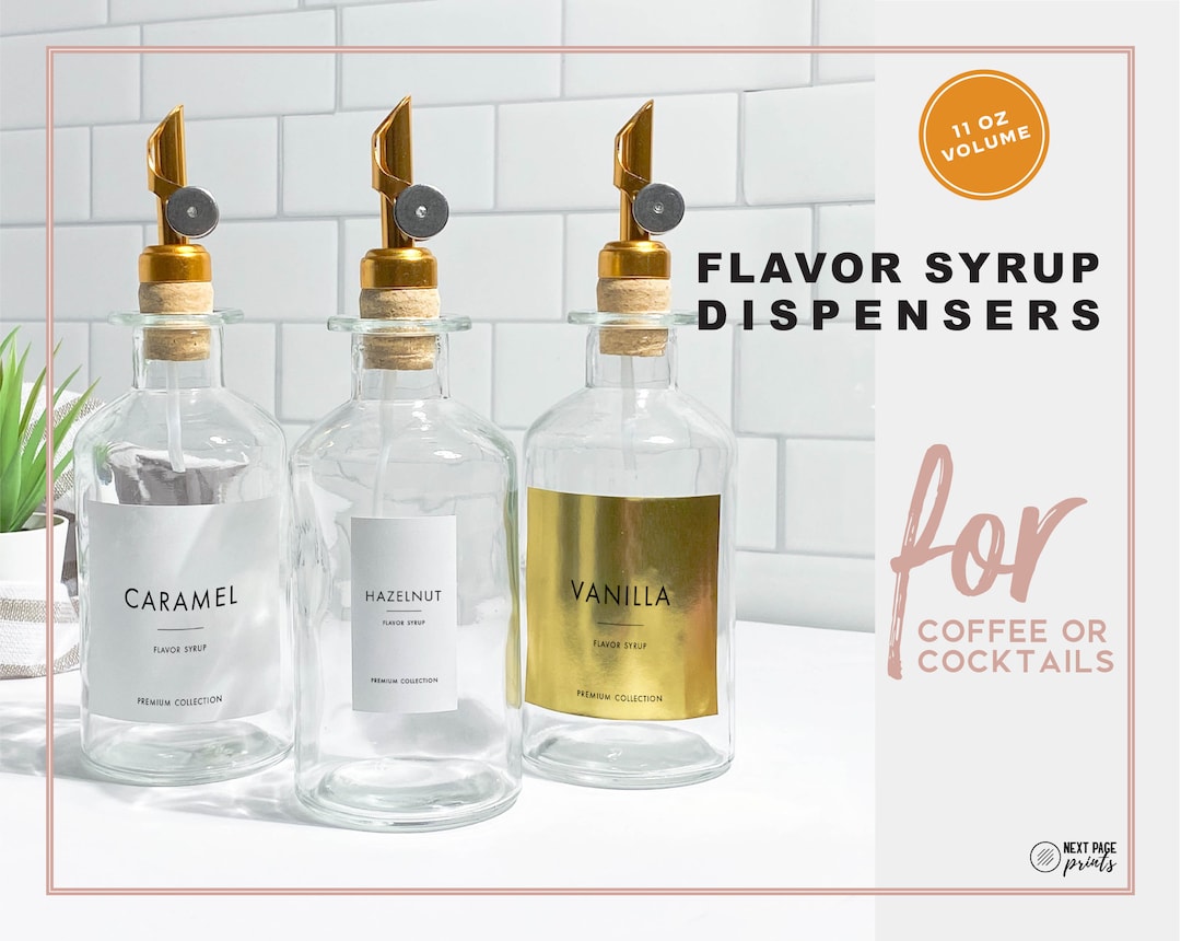 Coffee Flavor Syrup Dispenser Customizable Label Gold Spout Refillable