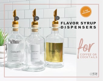 Coffee Flavor Syrup Dispenser + Customizable Label • Gold Spout Refillable Glass Bottle 11oz • Minimalist • Coffee Mixed Drink Bar Cocktail