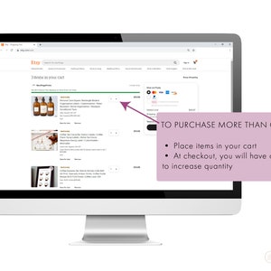 May include: Screenshot of an Etsy shopping cart with three items. The items are: "Personal Care Square Rectangle Modern Organization Labels", "Coffee Tea Bar Station Labels", and "Coffee Espresso Kitchen Station Cafe Gift Art Print". The text "TO PURCHASE MORE THAN ONE: Place items in your cart. At checkout, you will have option to increase quantity." is displayed on a pink background.