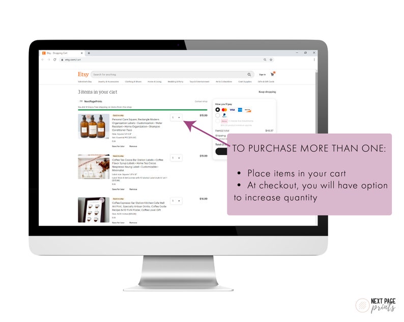 May include: Screenshot of an Etsy shopping cart with three items. The items are: "Personal Care Square Rectangle Modern Organization Labels", "Coffee Tea Bar Station Labels", and "Coffee Espresso Kitchen Station Cafe Gift Art Print". The text "TO PURCHASE MORE THAN ONE: Place items in your cart. At checkout, you will have option to increase quantity." is displayed on a pink background.