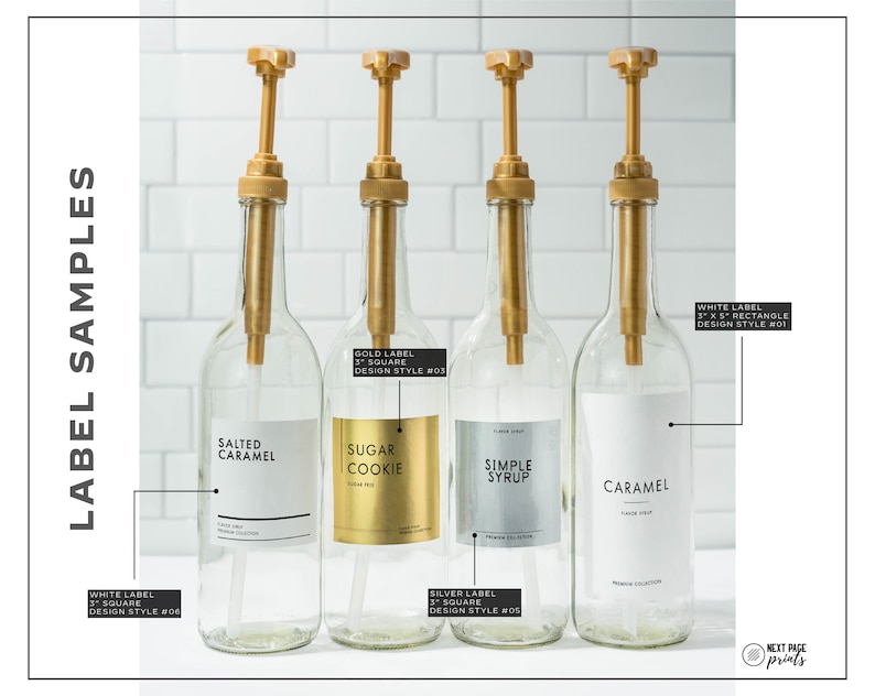 May include: Four clear glass bottles with gold-colored pumps and labels. The labels read "Salted Caramel", "Sugar Cookie", "Simple Syrup", and "Caramel". The text "Label Samples" is on the left side of the image.