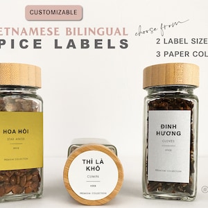 Vietnamese Bilingual Spice Jar Labels • Modern Asian Spice Labels • Spice Pantry Organization • Customizable • White Gold Silver Label