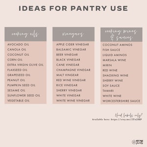 May include: A pink and white printable chart with the title "Ideas for Pantry Use". The chart is divided into three columns: "Cooking Oils", "Vinegars", and "Cooking Wines & Sauces". Each column lists various ingredients commonly found in a pantry.