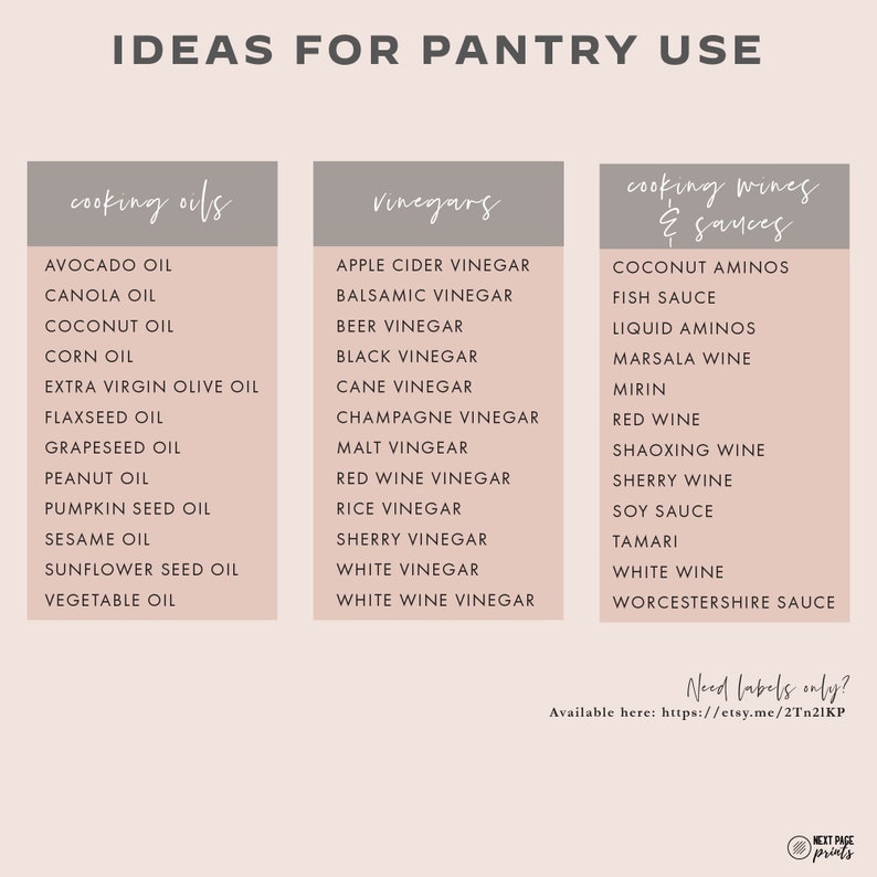 May include: A pink and white printable chart with the title "Ideas for Pantry Use". The chart is divided into three columns: "Cooking Oils", "Vinegars", and "Cooking Wines & Sauces". Each column lists various ingredients commonly found in a pantry.