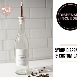 Coffee Flavor Syrup Dispenser + Custom Label • Rose Gold Pink Spout Refillable Glass Bottle 375mL 12.5oz • Modern Coffee Mixed Drink Bar