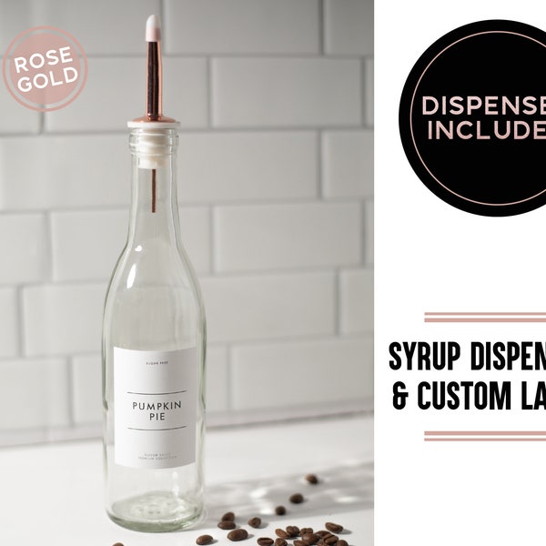 Coffee Flavor Syrup Dispenser + Custom Label • Rose Gold Pink Spout Refillable Glass Bottle 375mL 12.5oz • Modern Coffee Mixed Drink Bar