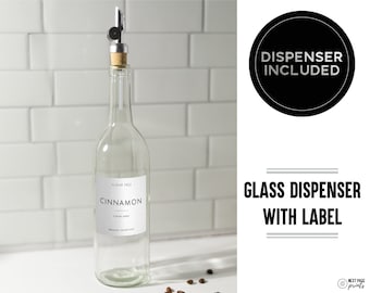 Coffee Flavor Syrup Dispenser + Custom Label • Silver Spout Refillable Glass Bottle 25oz 750mL • Modern • Coffee Mixed Drink Bar Cocktail