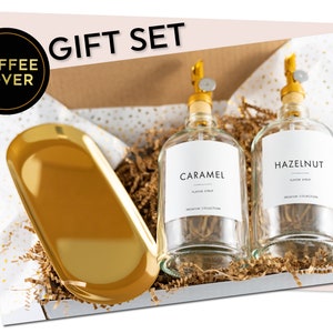 Coffee Lover Gift Box Set • Barista Coffee Enthusiast Gift Basket • Gold Glass Dispenser Set & Tray • Gifts for Her Him • New Home Gift