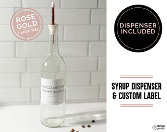 Coffee Flavor Syrup Dispenser + Custom Label • Rose Gold Pink Spout Refillable Glass Bottle 750mL 25.3oz • Modern Coffee Mixed Drink Bar