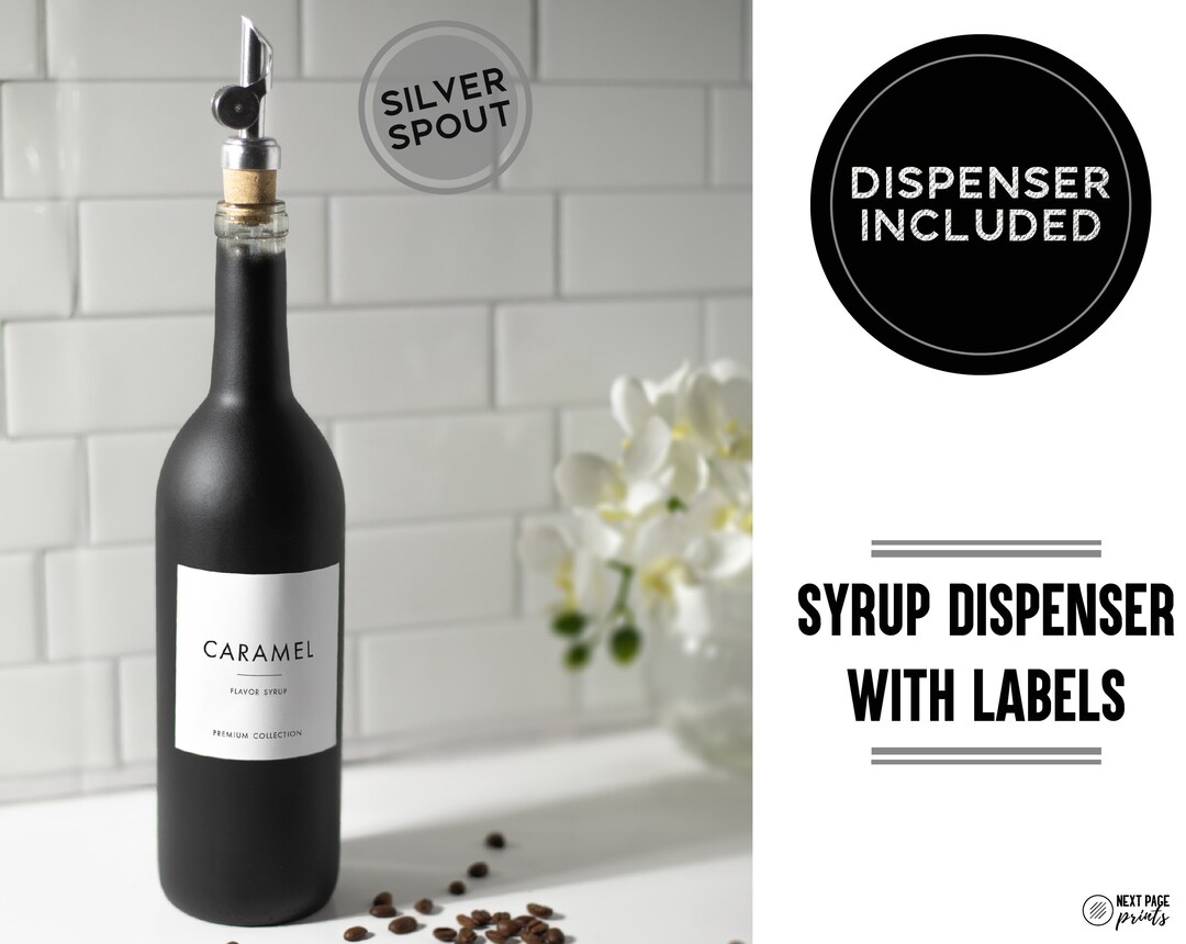 Coffee Flavor Syrup Dispenser Custom Label Silver Spout Black