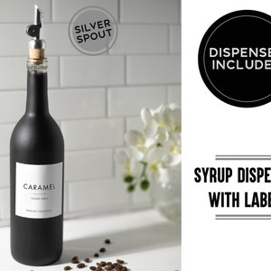 Coffee Flavor Syrup Dispenser + Custom Label • Silver Spout Black Refillable Glass Bottle 750mL • Modern • Coffee Mixed Drink Bar Cocktail