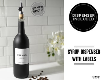 Coffee Flavor Syrup Dispenser + Custom Label • Silver Spout Black Refillable Glass Bottle 750mL • Modern • Coffee Mixed Drink Bar Cocktail