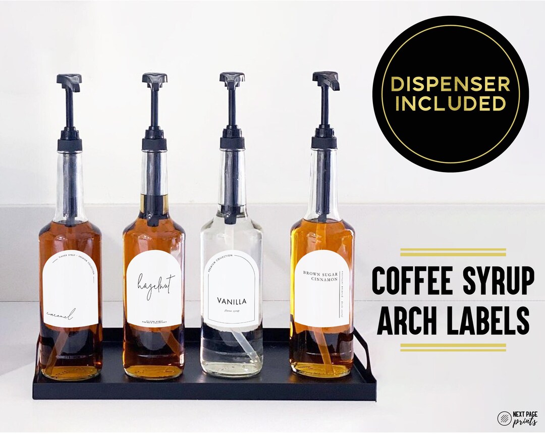 Coffee Flavor Syrup Dispenser Arch Shape Custom Label Black Gold Pump