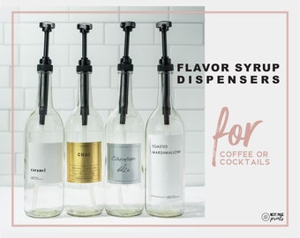 Coffee Flavor Syrup Dispenser + Custom Label • Black Pump Refillable Glass Bottle 750mL • Modern Minimal • Coffee Mixed Drink Bar Cocktail