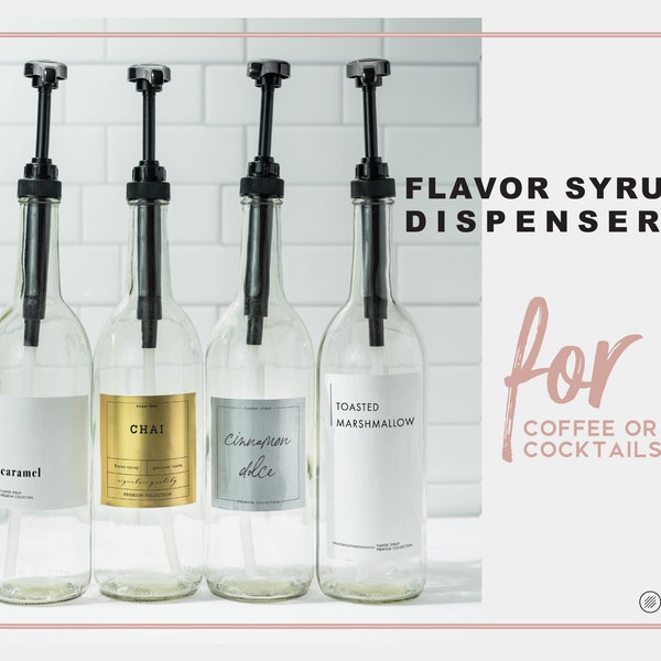 Coffee Flavor Syrup Dispenser + Custom Label • Black Pump Refillable Glass Bottle 750mL • Modern Minimal • Coffee Mixed Drink Bar Cocktail