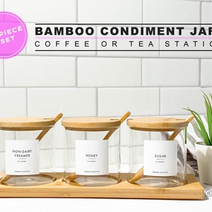 Set of bamboo condiment jars WITH tray • Sugar, creamer, honey container • Customizable • Modern • Coffee Tea Bar Station • Salt Pepper