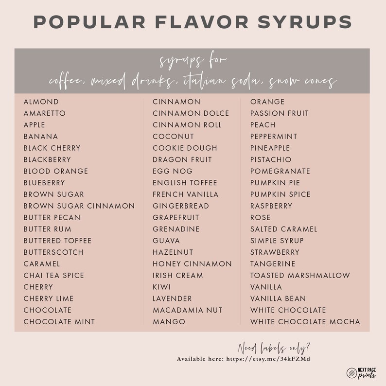 Puede incluir: Un gr&aacute;fico imprimible rosa y blanco que enumera los siropes de sabor populares para caf&eacute;, bebidas mixtas, soda italiana y conos de nieve. El gr&aacute;fico incluye sabores como almendra, amaretto, manzana, pl&aacute;tano, cereza negra, mora, naranja sanguina, ar&aacute;ndano, az&uacute;car moreno, canela de az&uacute;car moreno, nuez de pec&aacute;n con mantequilla, ron con mantequilla, caramelo con mantequilla, caramelo, caramelo, especias de t&eacute; chai, cereza, lima cereza, chocolate, menta con chocolate, canela, canela dolce, rollo de canela, coco, masa para galletas, fruta de drag&oacute;n, licor de huevo, toffee ingl&eacute;s, vainilla francesa, pan de jengibre, pomelo, granadina, guayaba, avellana, canela con miel, crema irlandesa, kiwi, lavanda, nuez de macadamia, mango, naranja, maracuy&aacute;, melocot&oacute;n, menta, pi&ntilde;a, pistacho, granada, pastel de calabaza, especias de calabaza, frambuesa, rosa, caramelo salado, jarabe simple, fresa, mandarina, malvavisco tostado, vainilla, haba de vainilla, chocolate blanco y chocolate blanco moka. El gr&aacute;fico tambi&eacute;n incluye el texto "&iquest;Necesitas solo etiquetas? Disponible aqu&iacute;: https://etsy.me/34kFZMd"