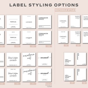 Puede incluir: Un gr&aacute;fico con diferentes opciones de estilo de etiqueta para etiquetas cuadradas y rectangulares. El gr&aacute;fico muestra varios dise&ntilde;os de etiquetas con diferentes estilos de texto y dise&ntilde;os. El texto incluye "Caramelo", "Jarabe simple", "Mocha de caramelo salado", "Vainilla", "Lavanda", "Canela Dolce", "Mocha de chocolate blanco", "Menta", "Especias de calabaza", "Canela de az&uacute;car moreno", "Nuez de macadamia" y "Caramel".