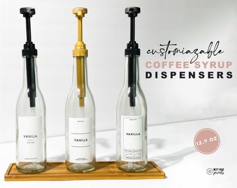 375mL Coffee Syrup Bottle + Custom Label • Modern Gold Black Pump Refillable Glass Dispenser • Flavor Syrup Mixed Drink Bar Cocktail
