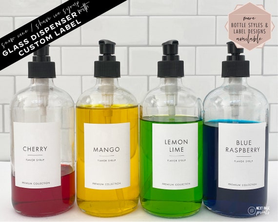 Snow Cone Flavor Syrup Dispenser + Custom Label • Shave Shaved Ice Gold Pump Black Pump Refillable Glass Bottle 8oz 16oz 25oz 750mL