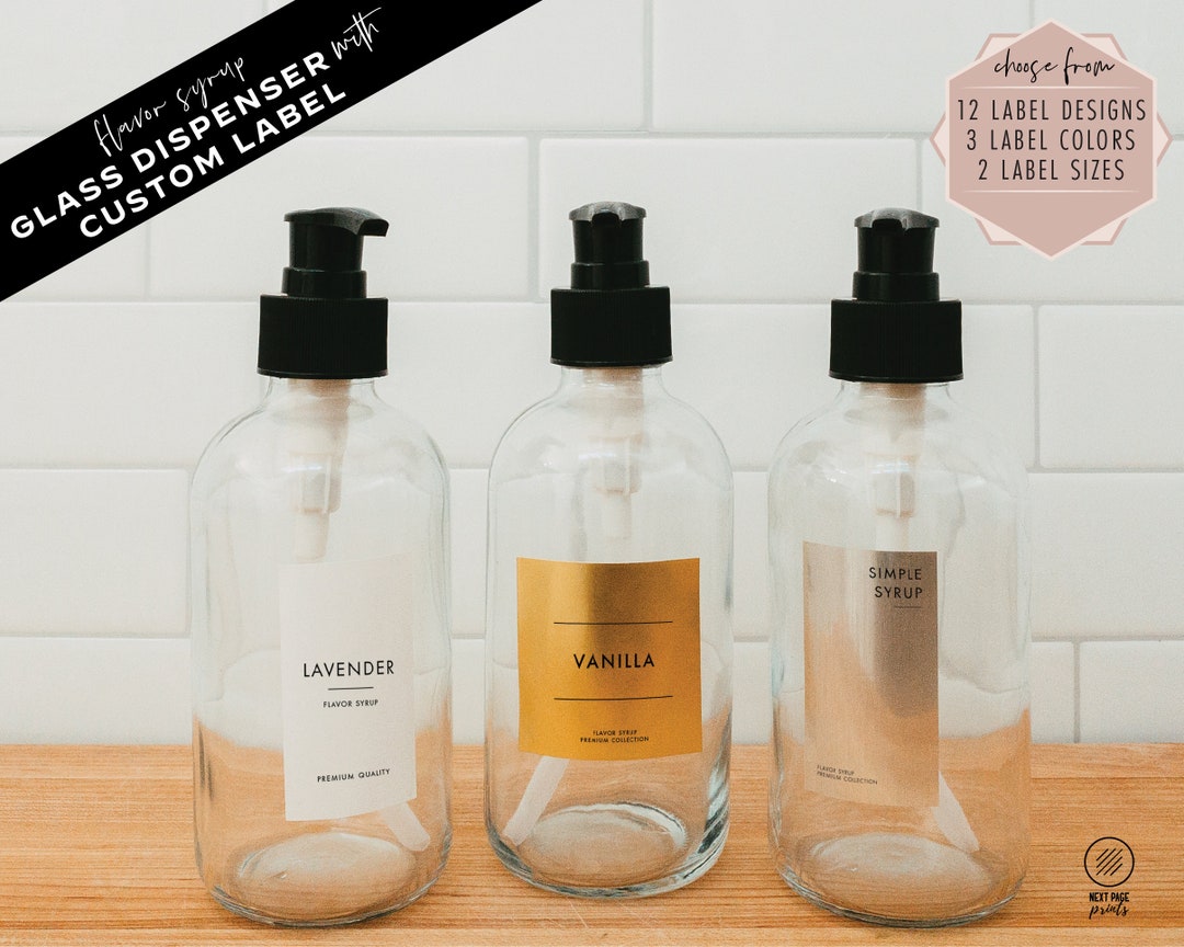 Coffee Flavor Syrup Dispenser, Custom Gold Silver White Label Black