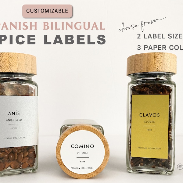 Spanish Bilingual Spice Jar Labels • Modern Latin Hispanic Spice Labels • Pantry Organization • Customizable • White Gold Silver Label